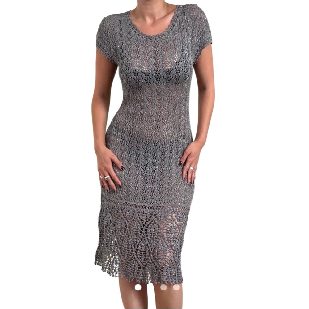 PERUVIAN CONNECTION Crochet Silver‎ Dress Whimsy Romantic Fairycore Quite Luxury